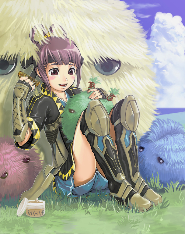 boots, comb, furball, gensou_suikoden, gensou_suikoden_v, grass, headband, hi-ho-, knee_boots, miakis, petting, purple_eyes, purple_hair, short_twintails, sitting, suikoden, suikoden_v, twintails, violet_eyes