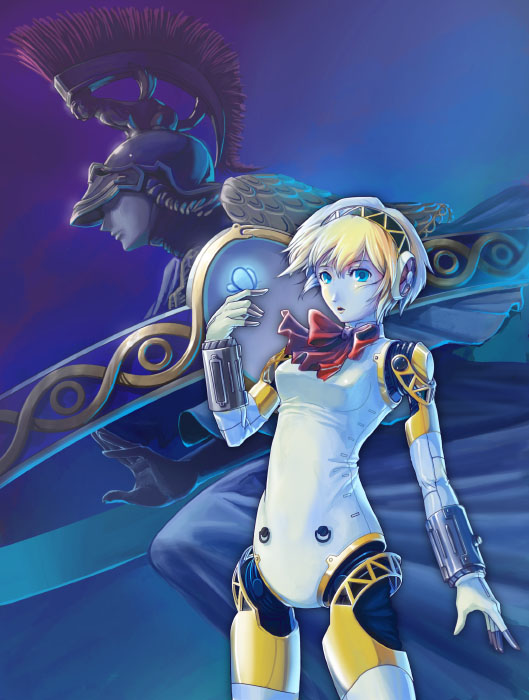 android, athena_(megami_tensei), blonde_hair, blue_eyes, butterflies, butterfly, hi-ho-, persona