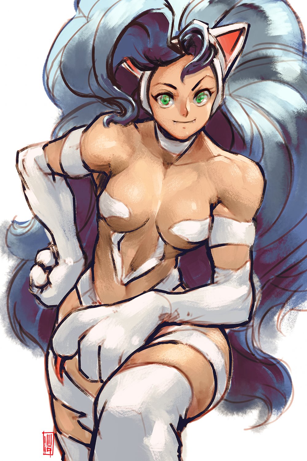 1girl, animal_ears, arm_on_knee, big_hair, blue_hair, breasts, cat_ears, cat_girl, cat_paws, claws, commentary, cowboy_shot, david_liu, fangs, felicia, green_eyes, hand_on_hip, highres, large_hands, leg_lift, looking_at_viewer, medium_breasts, paws, signature, smile, toned, vampire_(game), white_background, white_fur