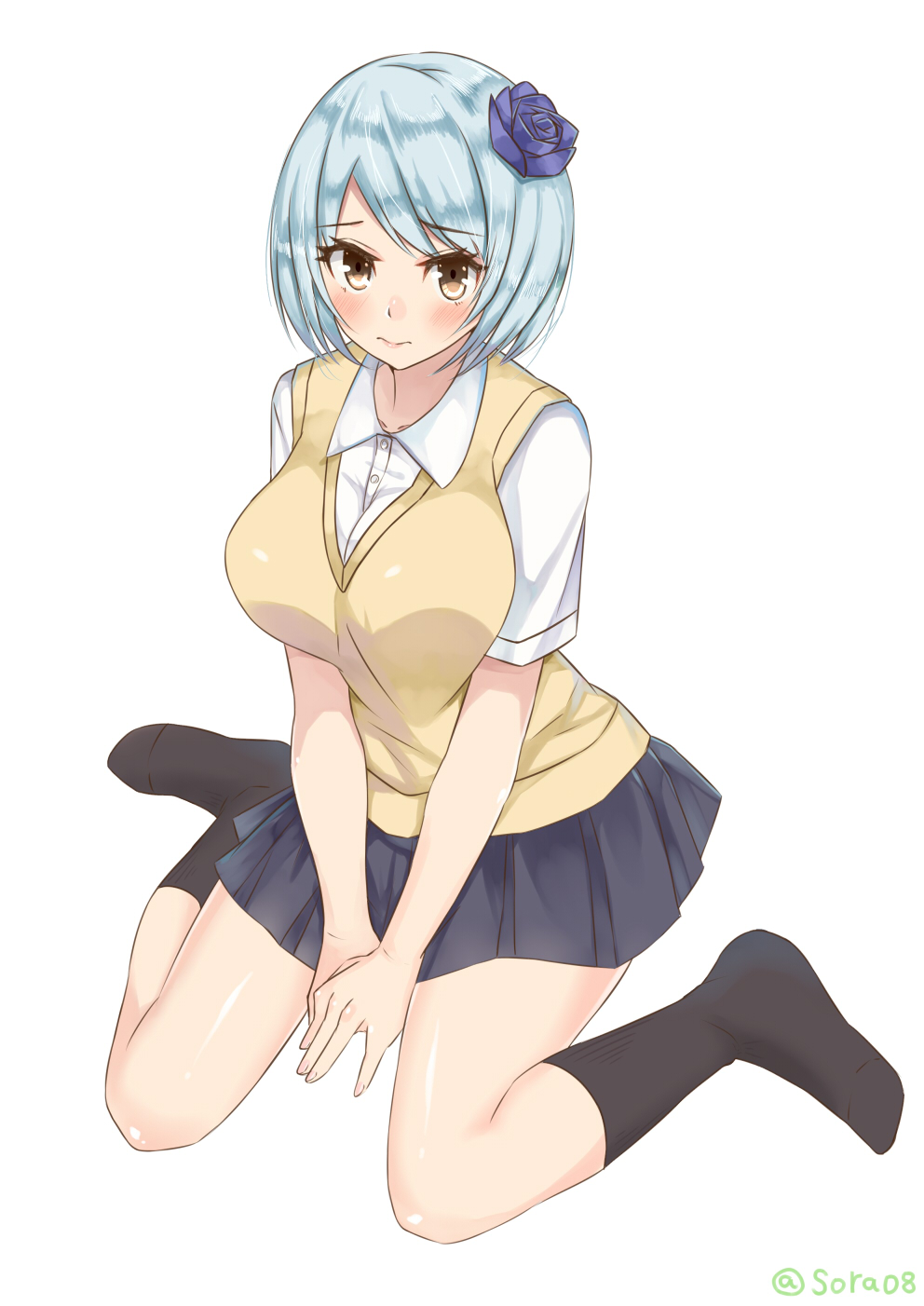 1girl, bangs, between_legs, black_legwear, black_skirt, blue_flower, blue_hat, blue_rose