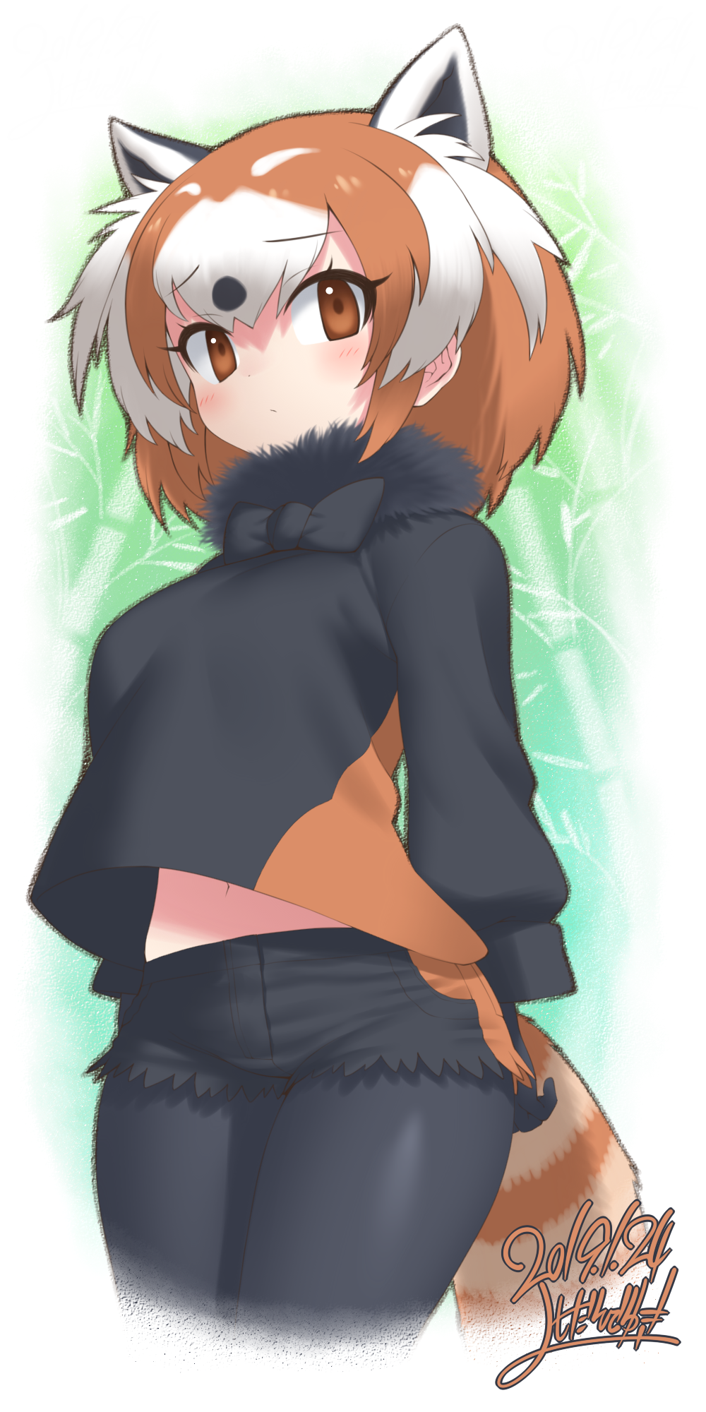 1girl, animal_ears, black_gloves, black_legwear, black_neckwear, black_shorts, bow, bowtie