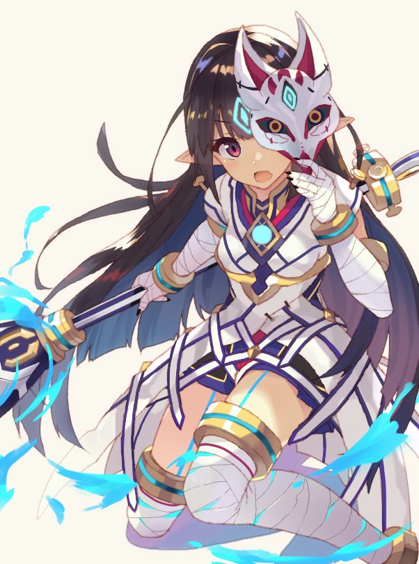 1girl, animal_ears, black_hair, blush, fox_mask, japanese_clothes, kasane_(xenoblade), long_hair
