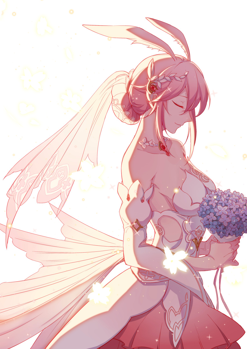 1girl, absurdres, animal_ears, bangs, blush, bouquet, breasts, bridal_veil