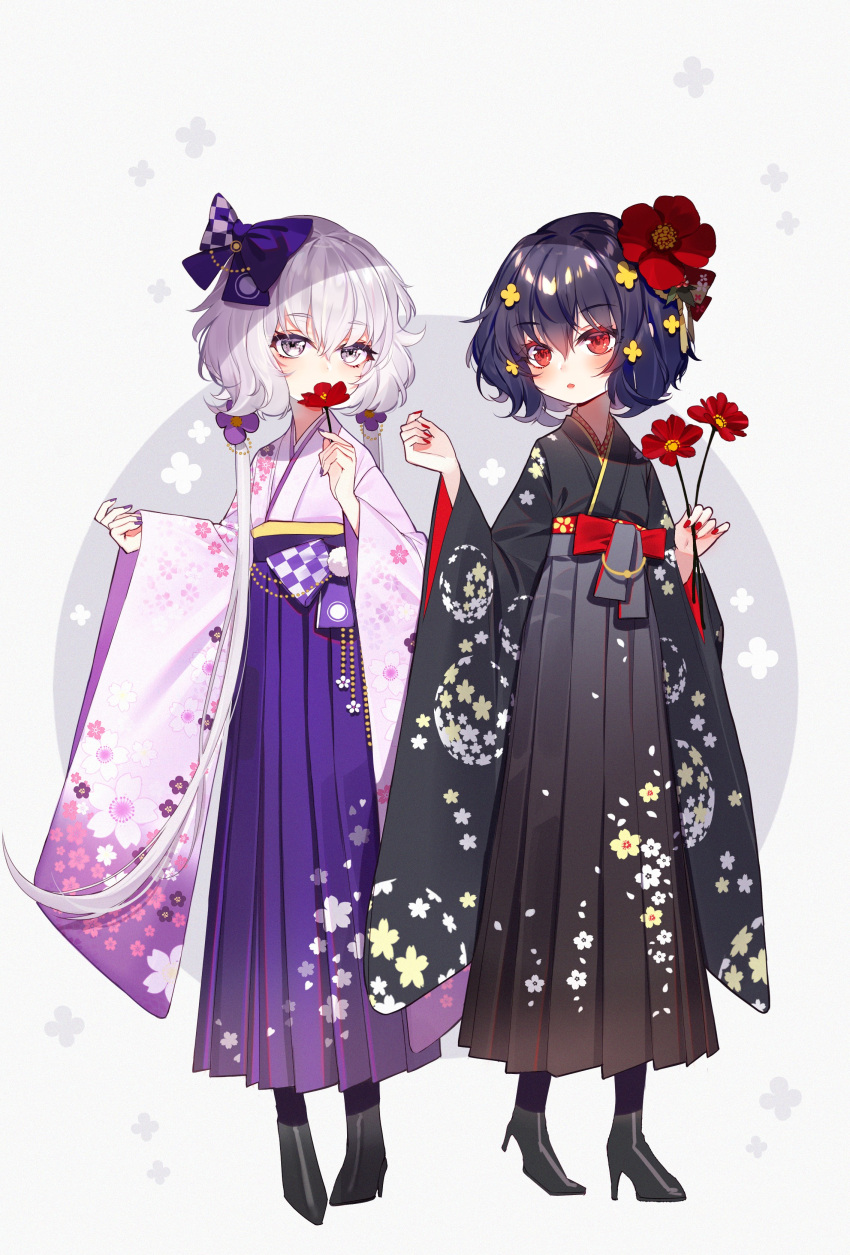 2girls, absurdres, bangs, baocaizi, black_footwear, black_hakama, black_kimono, blue_hair