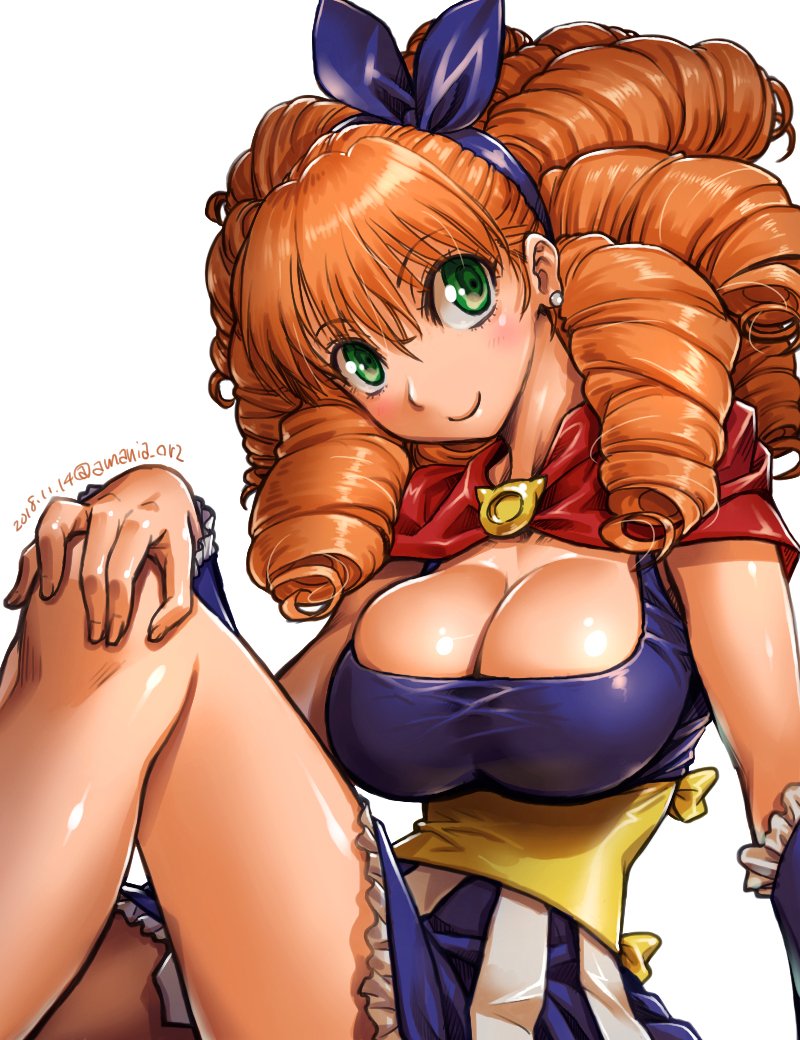 1girl, amania_orz, bangs, big_hair, blue_hairband, blush, breasts, capelet