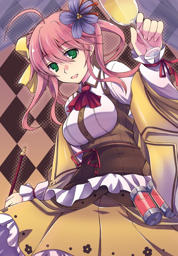 1girl, ahoge, alcohol, argyle, argyle_background, bow, brown_skirt, champagne, champagne_flute, cowboy_shot, cup, drinking_glass, flower, flower_knight_girl, green_eyes, hair_bow, hair_flower, hair_ornament, holding, holding_cup, kiseru, kuroama, long_hair, looking_at_viewer, neckerchief, open_mouth, pink_hair, pipe, red_neckwear, saffron_(flower_knight_girl), shirt, sidelocks, skirt, smile, solo, twintails, white_shirt, yellow_bow