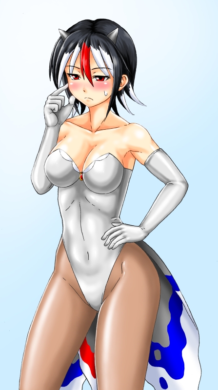 1girl, bare_shoulders, black_hair, black_legwear, blue_background, blush, breasts, cleavage