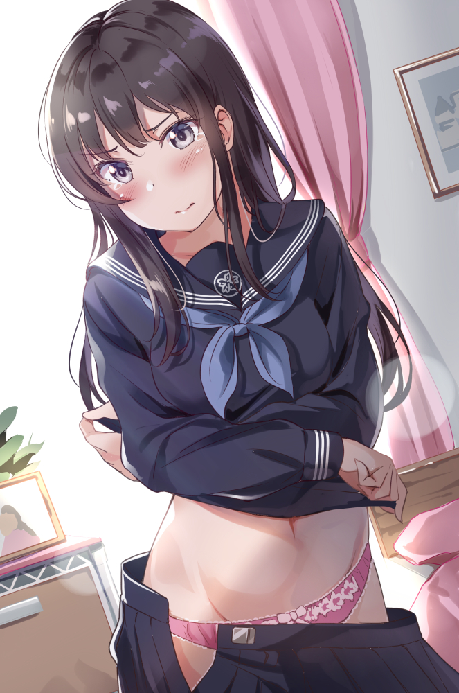 1girl, bangs, bed, black_eyes, black_hair, blue_neckwear, blush, commentary_request