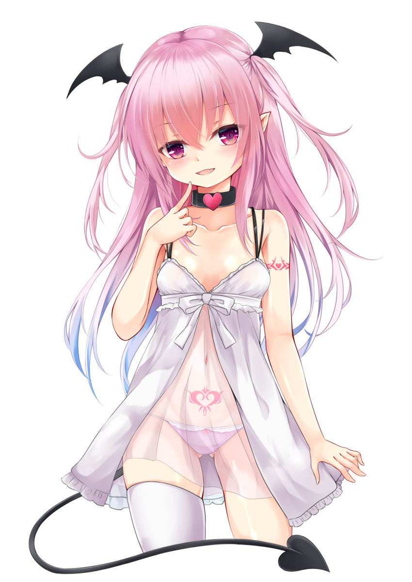 1girl, :d, arm_at_side, arm_tattoo, babydoll, bangs, bare_shoulders, black_wings