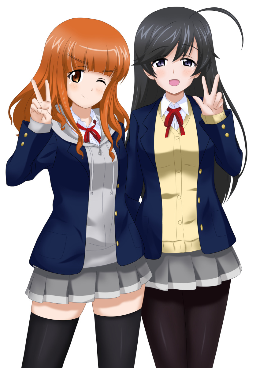 2girls, ahoge, bangs, black_hair, black_legwear, blue_jacket, blush, bow