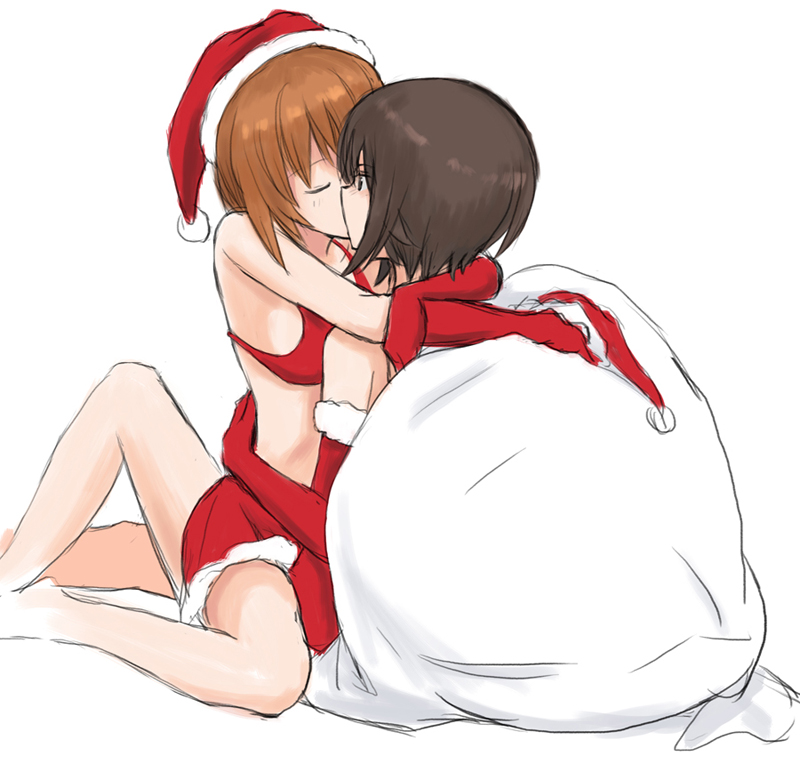2girls, blush, bra, breasts, brown_eyes, brown_hair, christmas, closed_eyes