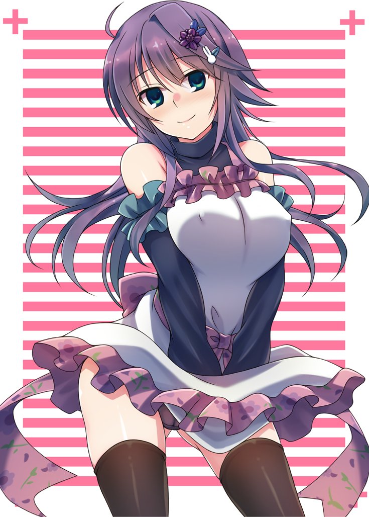 1girl, anemone_(flower_knight_girl), back_bow, black_legwear, black_panties, bow, bunny_hair_ornament, closed_mouth