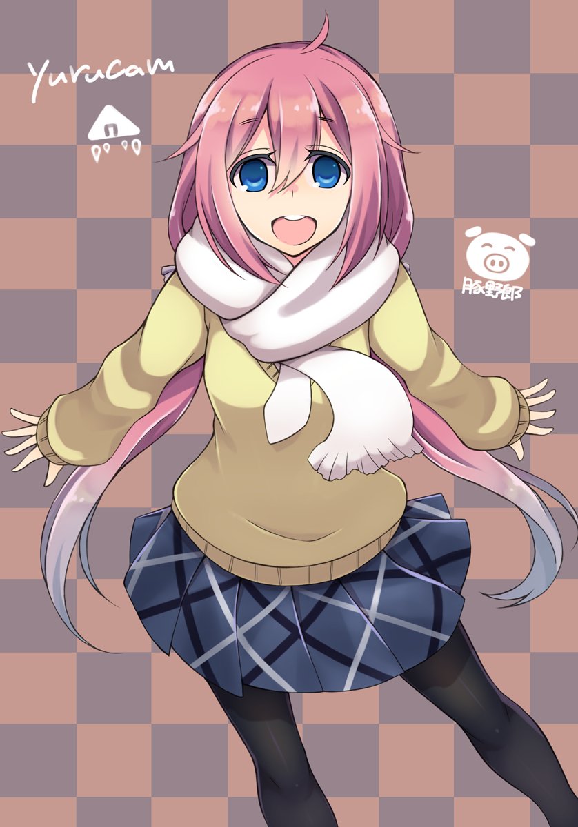 1girl, :d, black_legwear, blue_eyes, blue_skirt, checkered, checkered_background, copyright_name