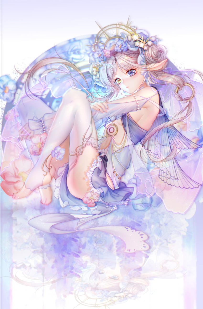 1girl, absurdres, blonde_hair, braid, breasts, detached_sleeves, double_bun, flower, hair_flower, hair_ornament, hand_on_own_arm, heterochromia, highres, horn, irisrey, lily_of_the_valley, long_hair, looking_at_viewer, midriff, o-ring, pointy_ears, purple_skirt, sitting, skirt, small_breasts, solo, thigh-highs, toes, unicorn_(warship_girls_r), violet_eyes, warship_girls_r, white_background, white_legwear, yellow_eyes