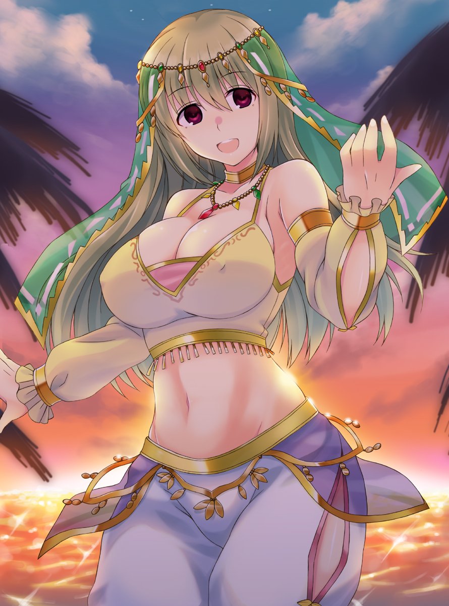 1girl, :d, breasts, brown_hair, choker, cleavage, clouds, cowboy_shot