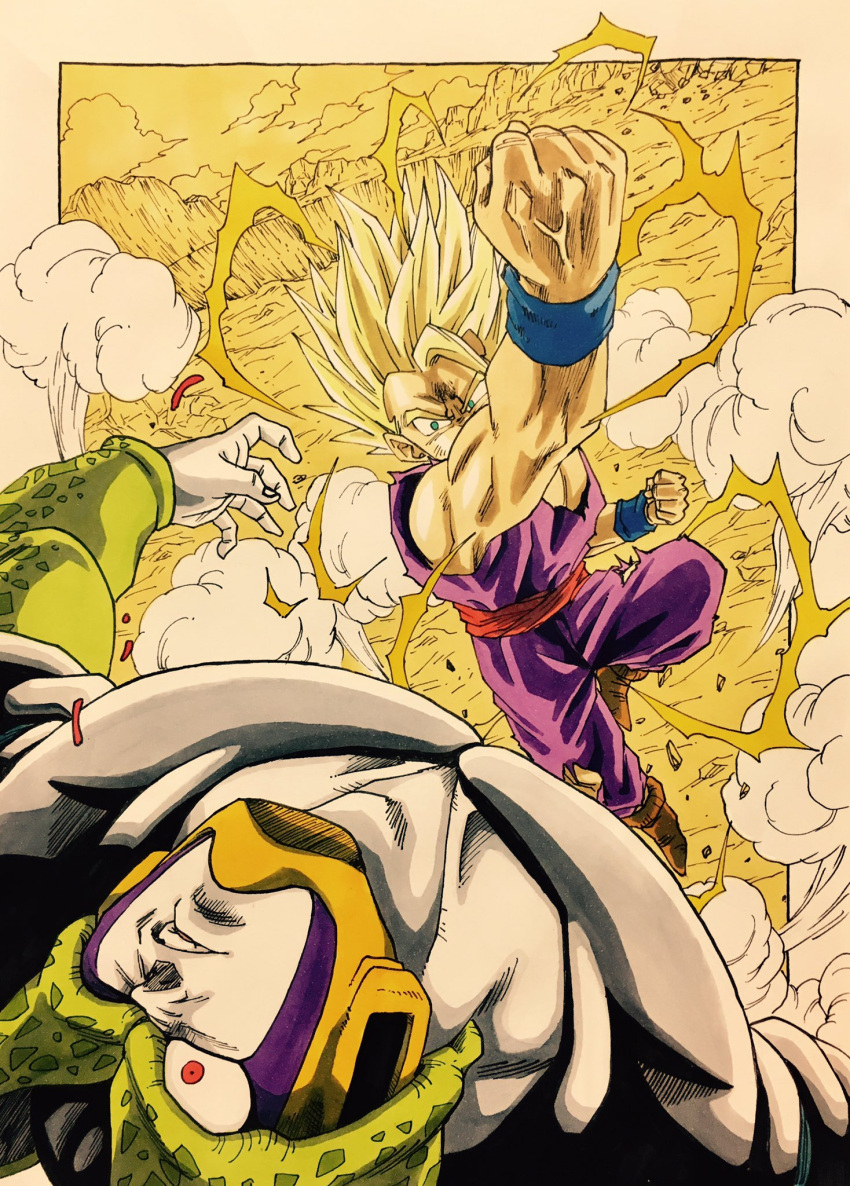 2boys, aura, battle, blonde_hair, cell_(dragon_ball), clenched_hands, commentary, dougi