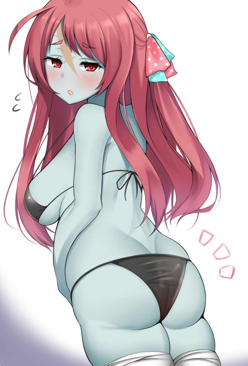 1girl, :o, absurdres, ahoge, ass, bandage, bandaged_leg, bandages, bangs, bare_shoulders, bikini, black_bikini, blue_skin, blush, bow, breasts, butt_crack, cowboy_shot, eyebrows_visible_through_hair, from_side, h3po4_chiba, half-closed_eyes, highres, large_breasts, long_hair, looking_at_viewer, micro_bikini, minamoto_sakura, open_mouth, polka_dot, polka_dot_bow, red_eyes, redhead, scar, scar_across_eye, sideboob, simple_background, solo, standing, striped, striped_bikini, swept_bangs, swimsuit, thigh-highs, under_boob, white_background, zombie, zombie_land_saga