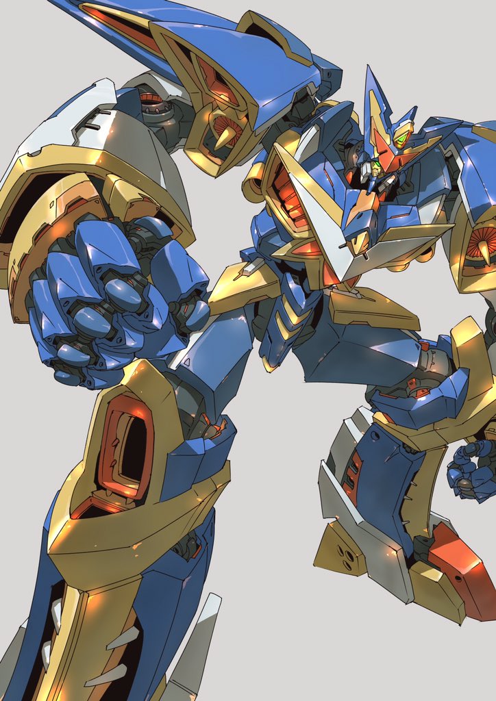 clenched_hands, commentary_request, glowing, glowing_eyes, green_eyes, grey_background, grungust_nishiki, kikuta_kouichi, mecha, no_humans, simple_background, super_robot_wars, turbine