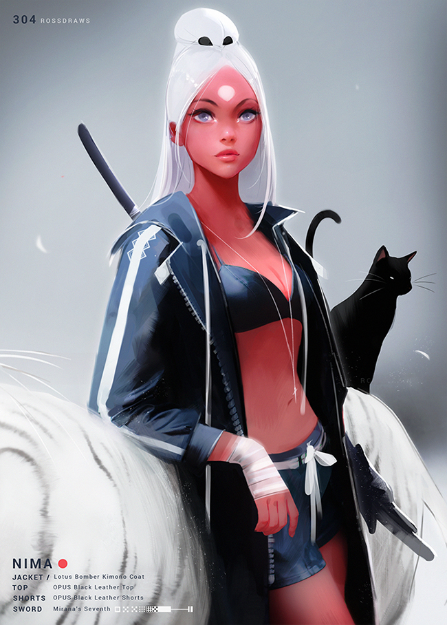 1girl, bangs, black_cat, blue_eyes, breasts, cat, cleavage, commentary, english_commentary, english_text, facial_mark, forehead_mark, high_ponytail, hood, hooded_jacket, jacket, lips, long_coat, long_hair, navel, nima_(ross_tran), nose, open_clothes, open_jacket, original, parted_bangs, red_skin, ross_tran, sheath, sheathed, shorts, small_breasts, solo_focus, standing, sword, updo, weapon, white_hair