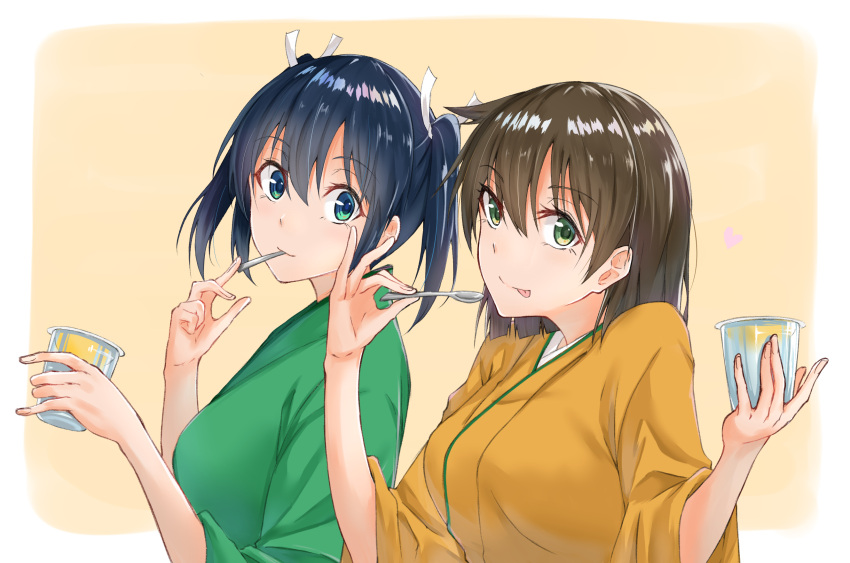 2girls, batabata0015, blue_eyes, blue_hair, breasts, brown_hair, food, green_eyes