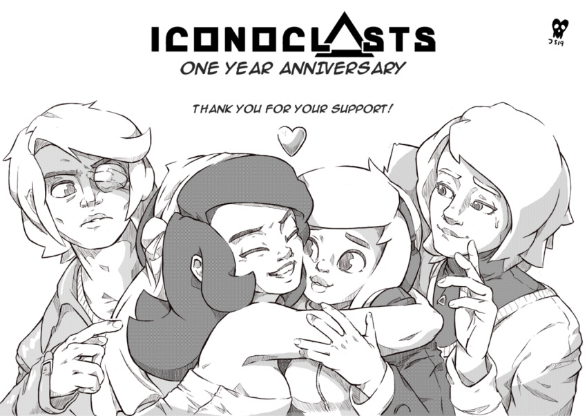 2019, 2boys, 2girls, anniversary, bandanna, breasts, brother_and_sister, cheek-to-cheek