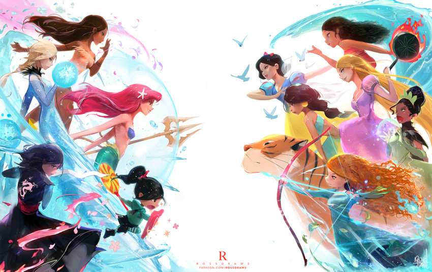 6+girls, aladdin_(disney), arabian_clothes, ariel_(disney), arm_tattoo, arrow, battle, beauty_and_the_beast