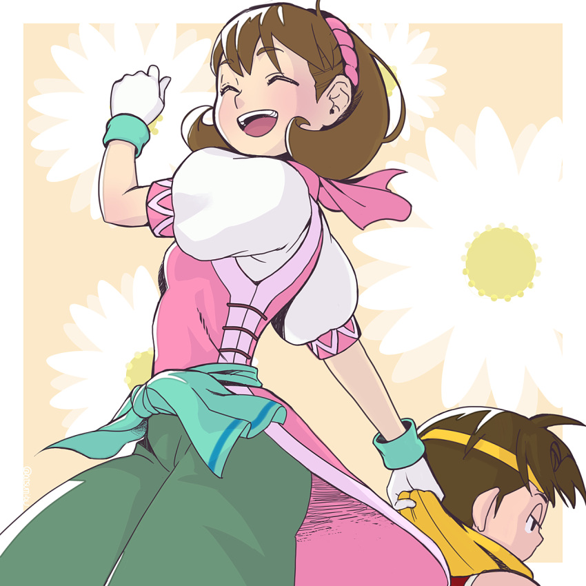 1boy, 1girl, brown_hair, closed_eyes, commentary_request, gensou_suikoden, gensou_suikoden_ii, gloves