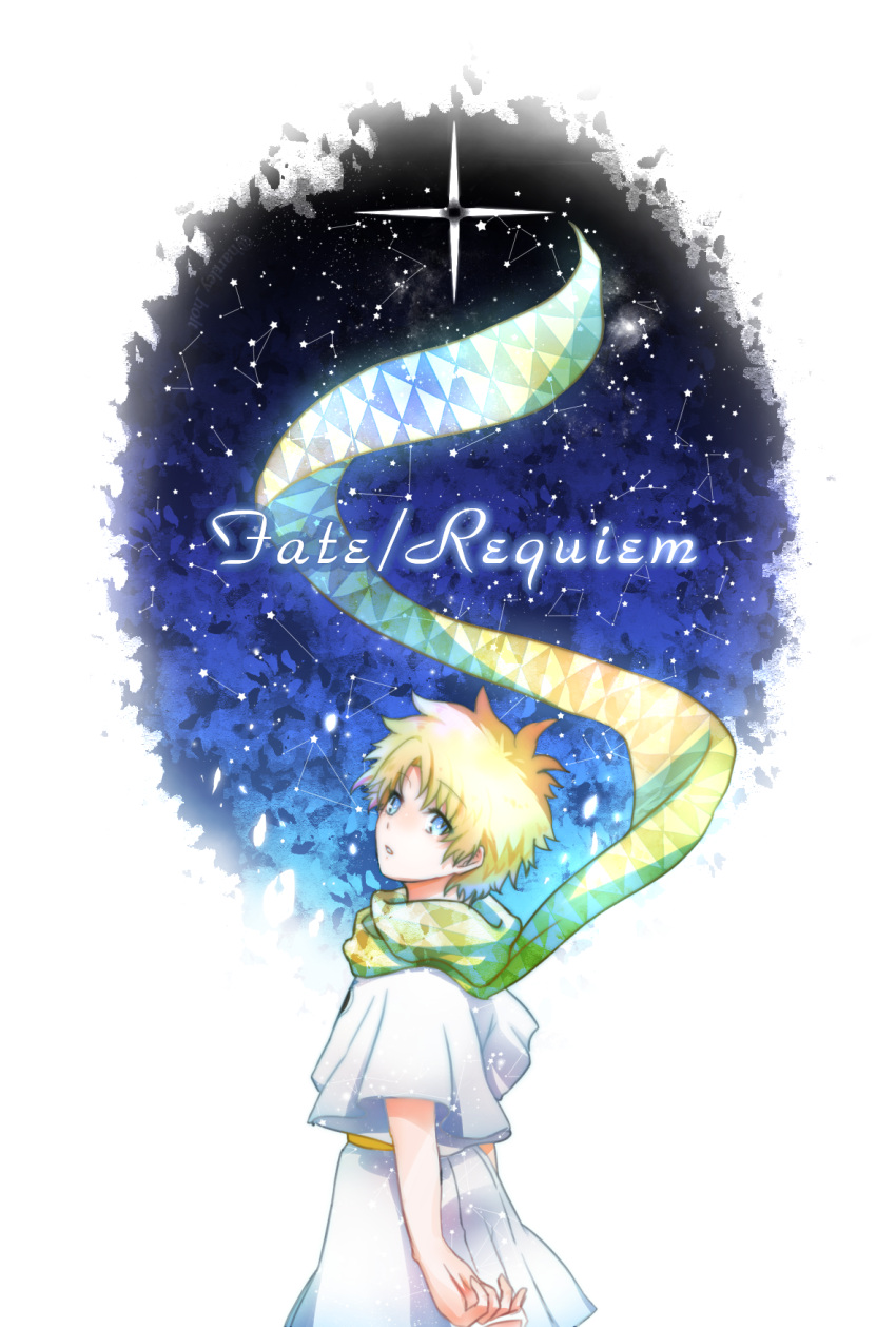 1boy, blonde_hair, bloom, blue_eyes, constellation, copyright_name, cowboy_shot, fate/requiem