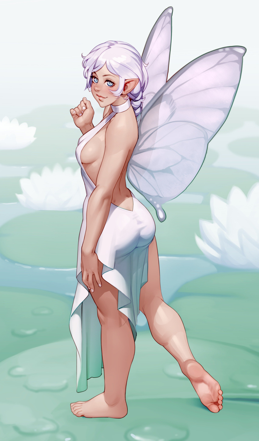 1girl, absurdres, ass, backless_dress, backless_outfit, bare_back, bare_shoulders, barefoot