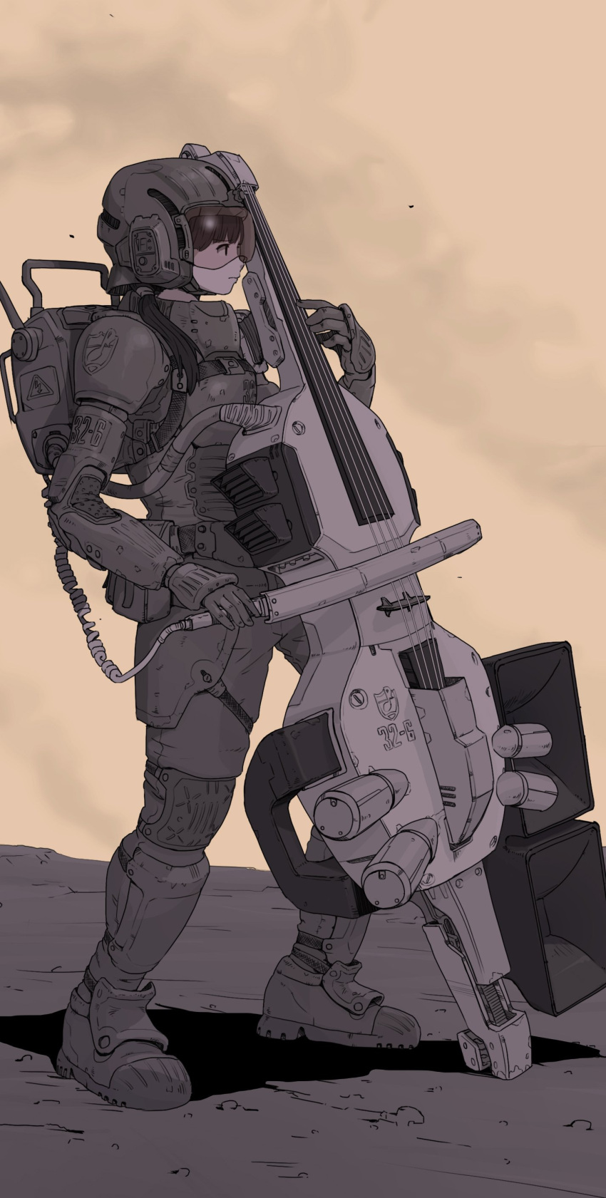 1girl, absurdres, armor, backpack, bag, bow_(instrument), coiled_cord, double_bass