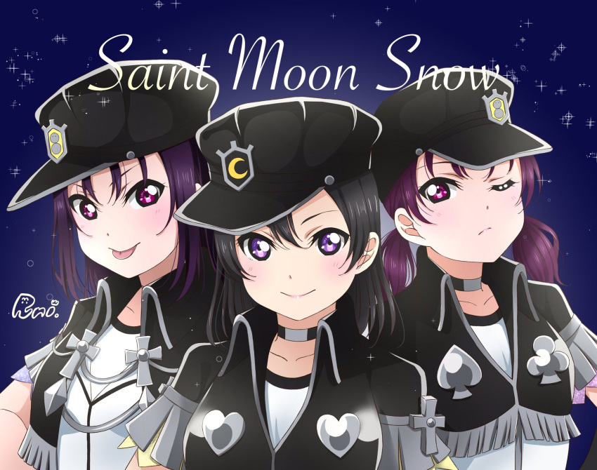 3girls, 87025_runi, alternate_hairstyle, artist_name, bangs, black_hair, choker, commentary