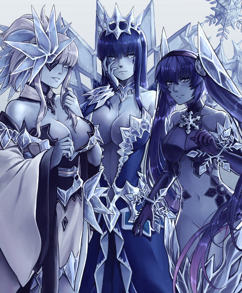 3girls, bangs, bare_shoulders, blue_eyes, blue_hair, blue_skin, blunt_bangs, blush