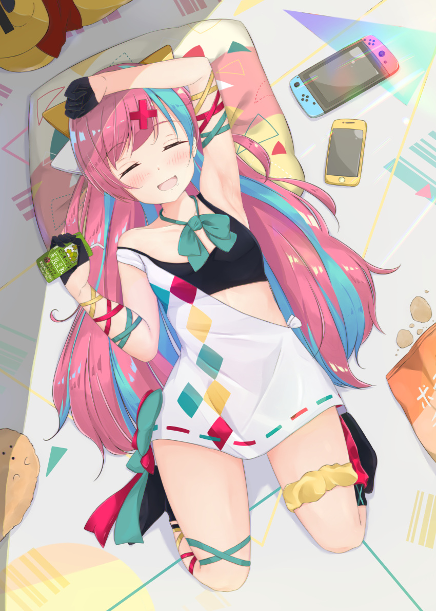 1girl, absurdres, amakawa_ruka, armpits, blush, breasts, cellphone, chips