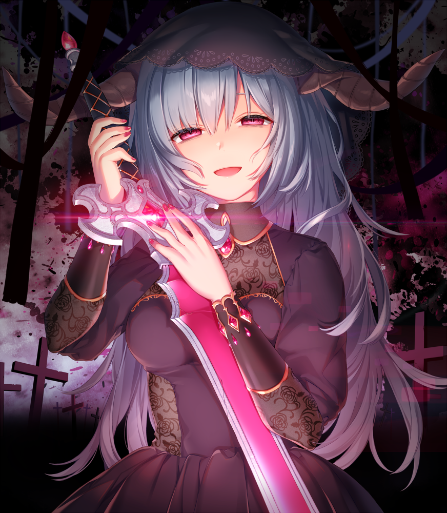 1girl, :d, bangs, breasts, brown_dress, commentary_request, cross, curled_horns
