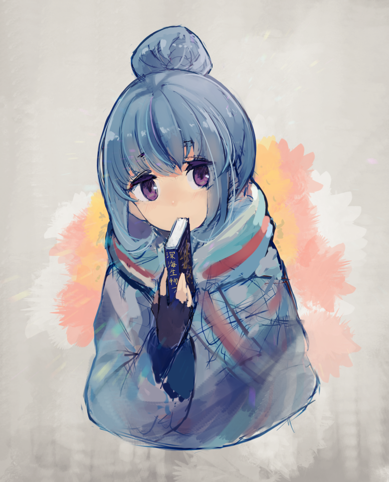 1girl, aqua_scarf, black_gloves, blue_hair, blue_scarf, book, book_to_mouth, commentary_request