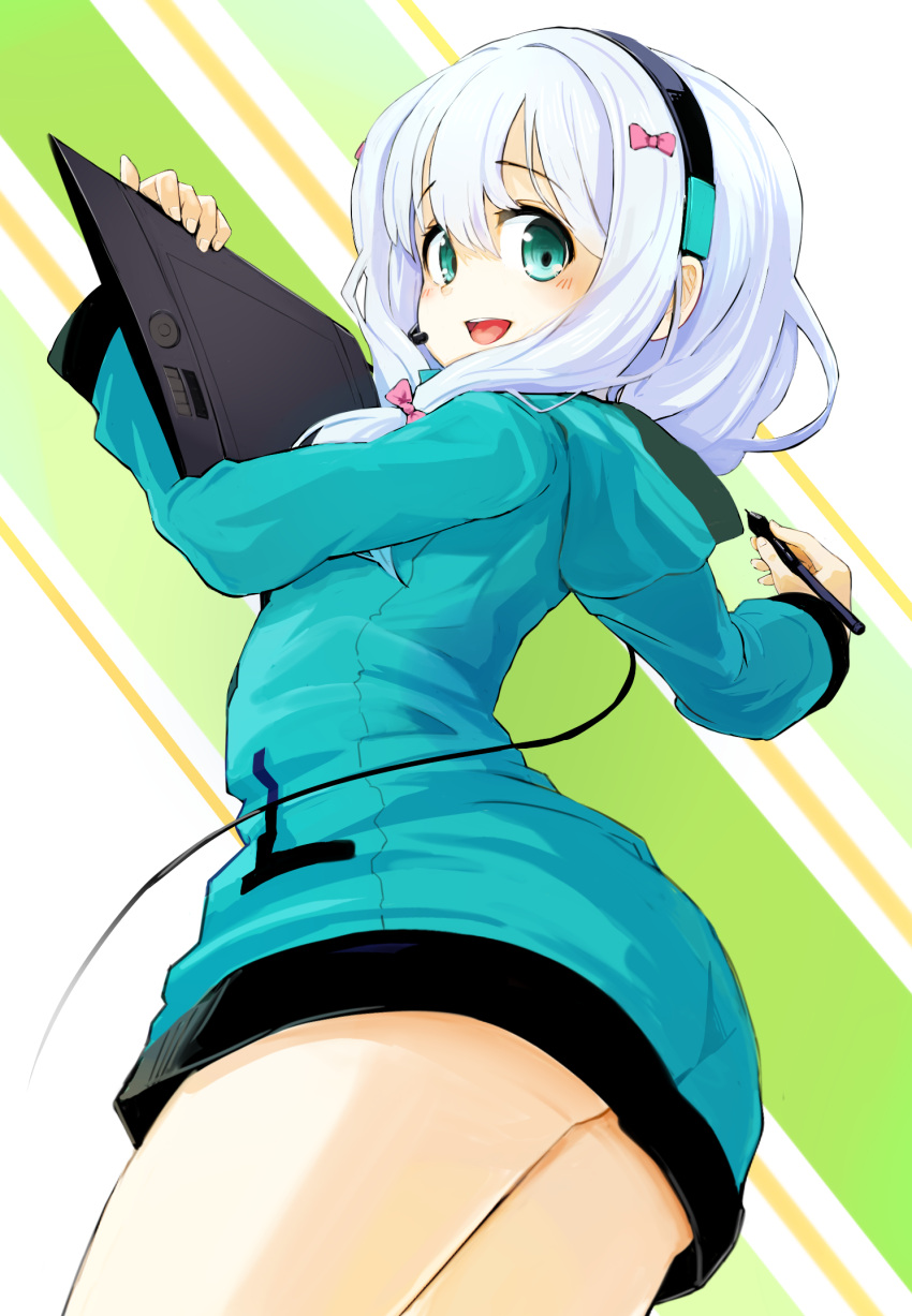 1girl, :d, aqua_eyes, bangs, blush, bow, commentary_request, drawing_tablet