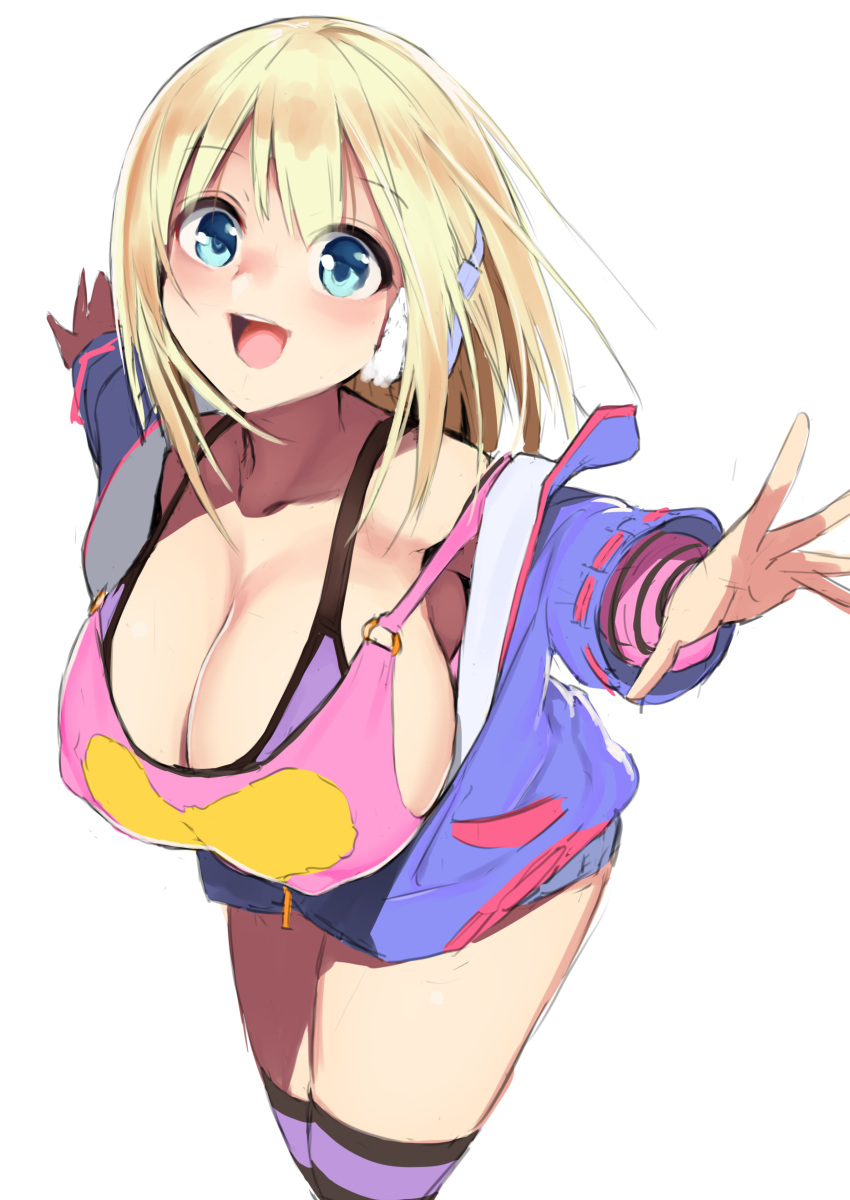 :d, absurdres, bangs, blonde_hair, blue_eyes, blue_jacket, bra, breasts, cleavage, commentary_request, erect_nipples, eyebrows_visible_through_hair, gen_(black_factory), headphones, highres, hood, hood_down, hooded_jacket, huge_breasts, jacket, legs_together, looking_at_viewer, o-ring, o-ring_top, open_clothes, open_jacket, open_mouth, original, outstretched_arms, pink_shirt, purple_bra, shirt, simple_background, smile, standing, strap_slip, striped, striped_legwear, thigh-highs, underwear, unzipped, upper_teeth, white_background, zipper
