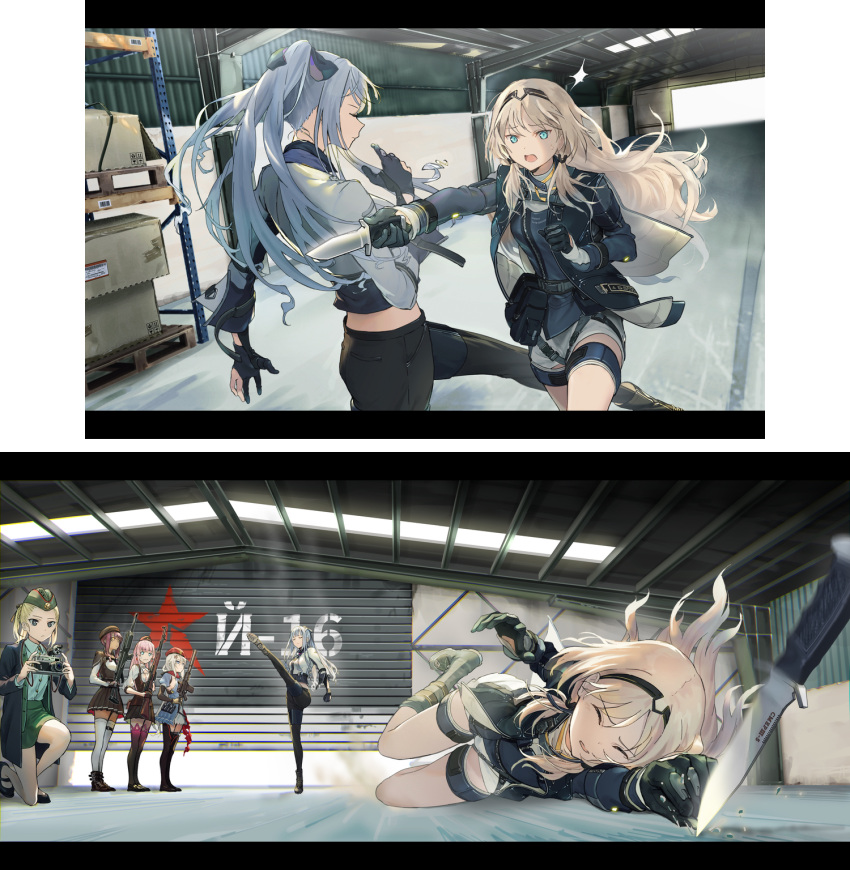 9a-91, 9a-91_(girls_frontline), ak-12_(girls_frontline), an-94_(girls_frontline), assault_rifle, bangs, beret, blonde_hair