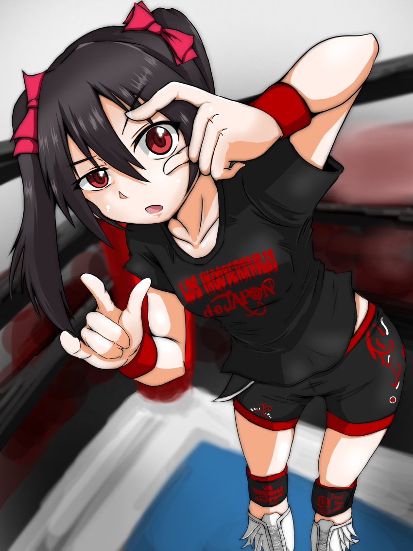 black_hair, black_shirt, black_shorts, bow, collarbone, cosplay, crossover, hair_bow