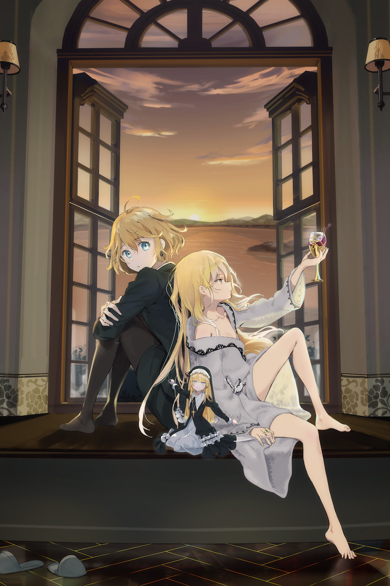 2018, 3girls, ahoge, barefoot, black_legwear, blonde_hair, blue_eyes, collarbone, commentary_request, cross, cross_necklace, cup, doll, dress, earrings, eyebrows_visible_through_hair, grey_eyes, hair_between_eyes, hand_up, highres, holding, holding_cup, jacket, jewelry, long_hair, long_sleeves, looking_at_another, looking_at_viewer, minigirl, monu_yu_ren_ou_xuxia_shiyan, multiple_girls, necklace, nun, off_shoulder, pantyhose, qing_zhi_wenku, robe, short_hair, sitting, skirt, trap, wss_(32656138), yellow_eyes