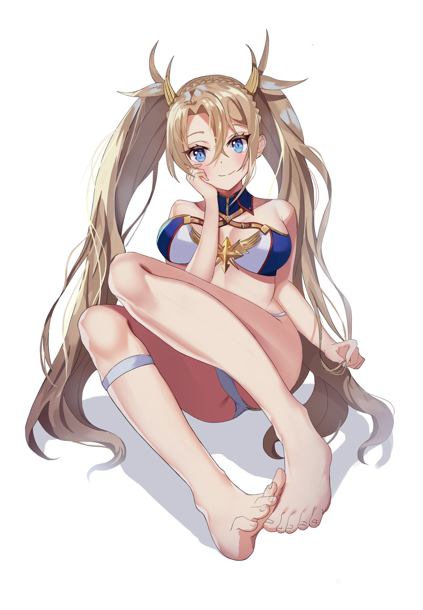 1girl, bangs, bare_shoulders, barefoot, bikini, blonde_hair, blue_bikini, blue_eyes, blush, bradamante_(fate/grand_order), braid, breasts, chovy_(arina0908), cleavage, closed_mouth, fate/grand_order, fate_(series), feet, french_braid, hair_between_eyes, hair_ornament, highres, legs, long_hair, looking_at_viewer, medium_breasts, simple_background, sitting, smile, solo, swimsuit, thighs, toes, twintails, two-tone_bikini, very_long_hair, white_background, white_bikini