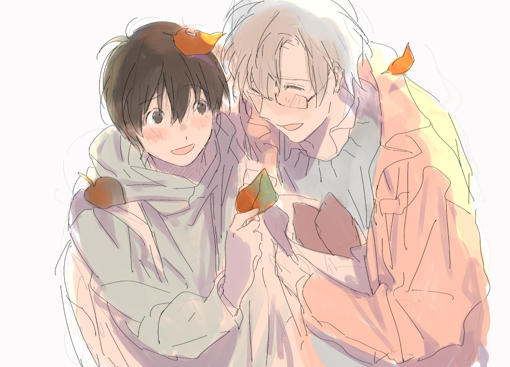 2boys, :d, akira_(kimi_to_boku), azuma_kouichi, bad_id, bad_tumblr_id, bag, bangs, blush, brown_eyes, brown_hair, closed_eyes, coat, food, furrowed_eyebrows, glasses, grey_background, grey_hair, hair_between_eyes, hand_up, holding, kimi_to_boku, leaf, leaf_on_head, long_sleeves, looking_at_another, male_focus, multiple_boys, open_mouth, paper_bag, popped_collar, raised_eyebrow, roku_(tsua-kihuyu), scarf, simple_background, smile, sweater, sweet_potato, tareme, upper_body