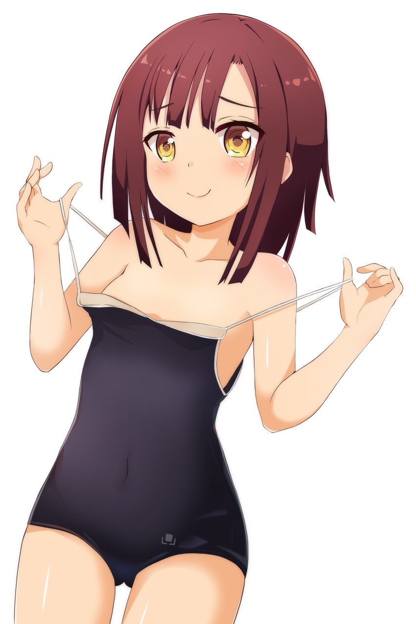 1girl, ass_visible_through_thighs, bangs, bare_shoulders, black_swimsuit, blush, breasts, brown_hair