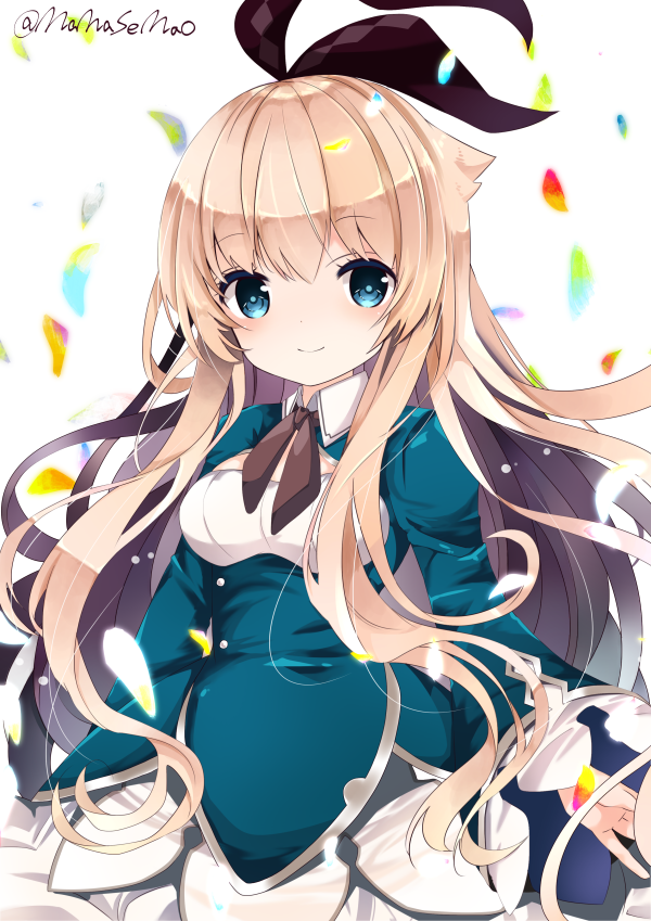 1girl, alice_(grimms_notes), bangs, black_ribbon, blonde_hair, blue_shirt, blurry, blurry_background