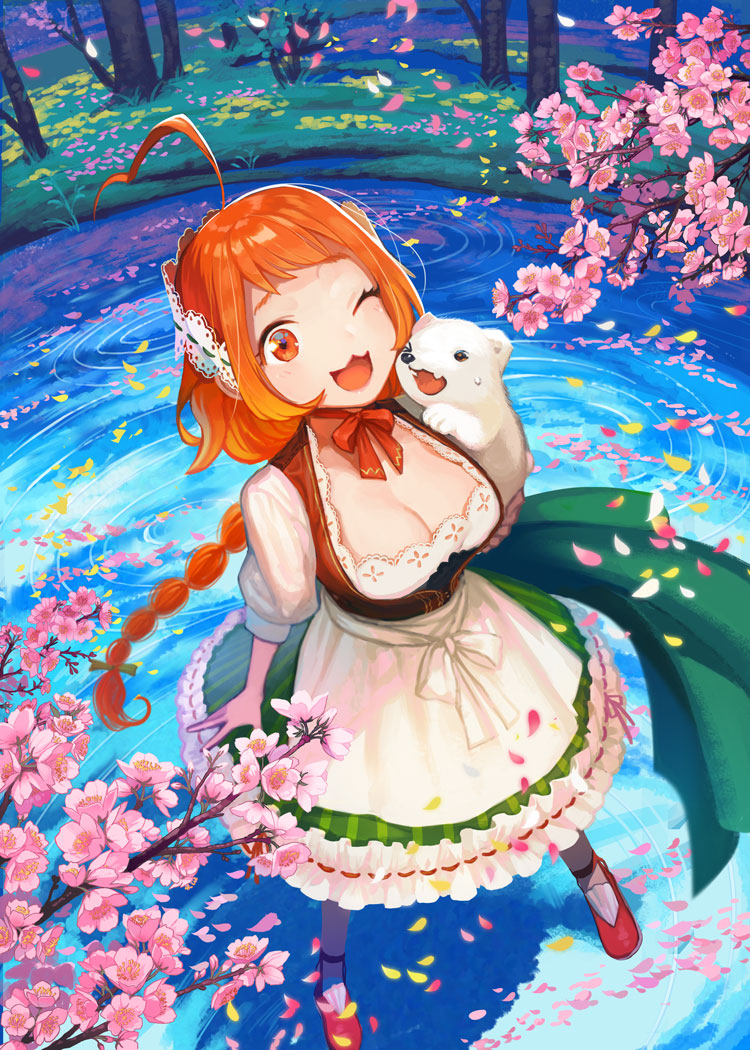 1girl, ;d, ahoge, animal, animal_on_shoulder, arm_at_side, bear, braided_ponytail