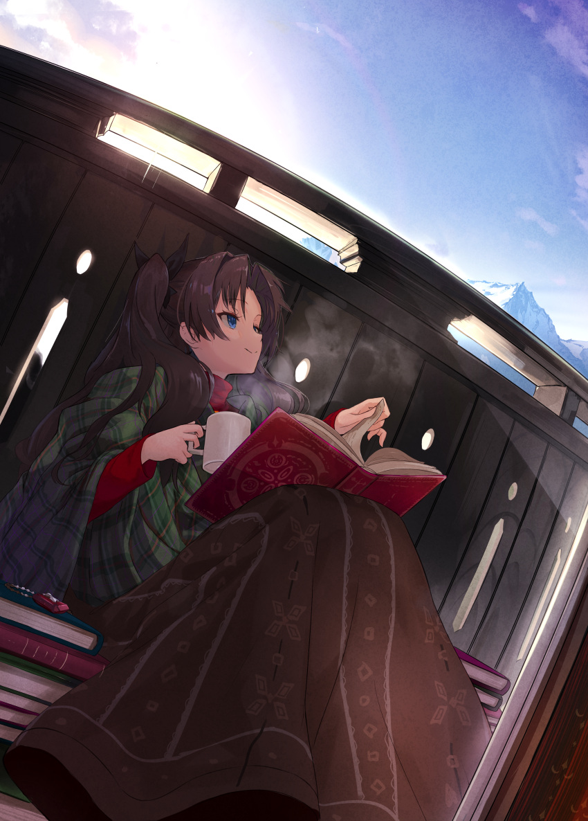 1girl, absurdres, black_ribbon, blanket, bloom, blue_eyes, blue_sky, book