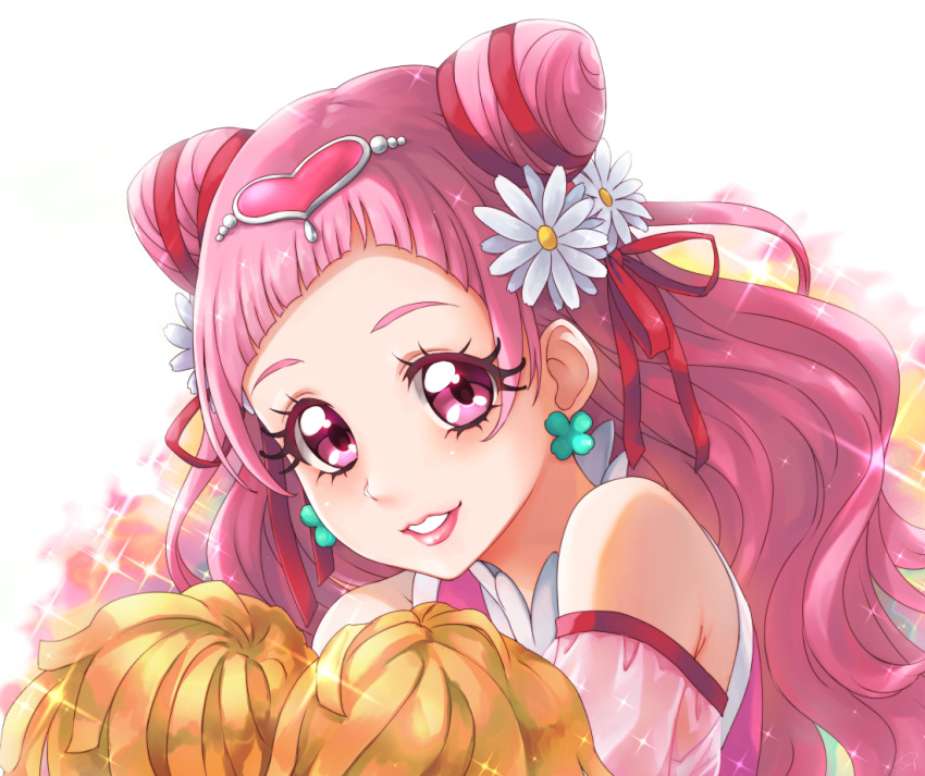 1girl, chocokin, cure_yell, double_bun, earrings, floating_hair, flower, hair_flower