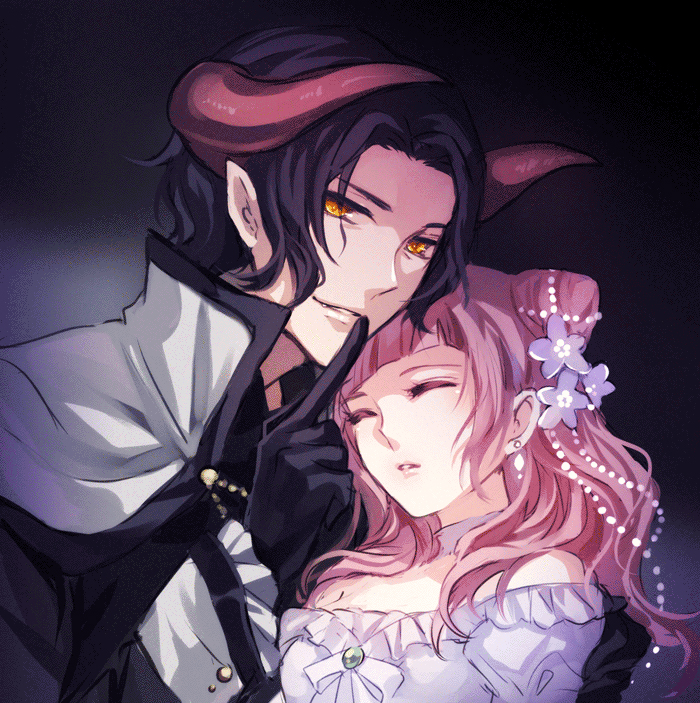 1boy, 1girl, bangs, black_background, black_hair, blunt_bangs, choker, closed_eyes, earrings, finger_to_mouth, flower, george_kurai, hair_bun, hair_flower, hair_ornament, horns, hu_(huhuluhu), hugtto!_precure, jewelry, long_hair, nono_hana, parted_bangs, pink_hair, pointy_ears, popped_collar, precure, shushing, smile, upper_body, white_neckwear, yellow_eyes