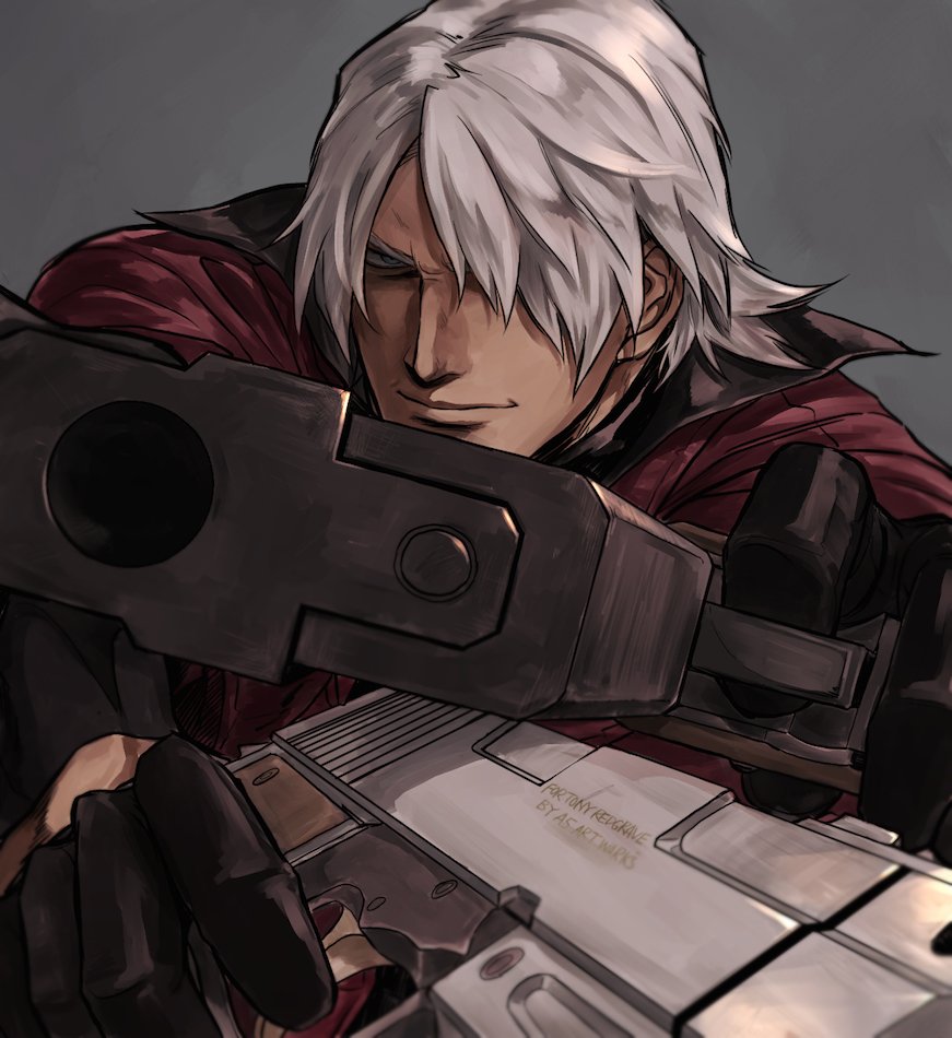 1boy, black_gloves, blue_eyes, closed_mouth, dante_(devil_may_cry), devil_may_cry, dual_wielding, gloves, gradient, gradient_background, grey_background, grey_hair, gun, hair_over_one_eye, handgun, holding, holding_gun, holding_weapon, male_focus, nama29_m, pistol, pointing_weapon, short_hair, silver_hair, solo, upper_body, weapon