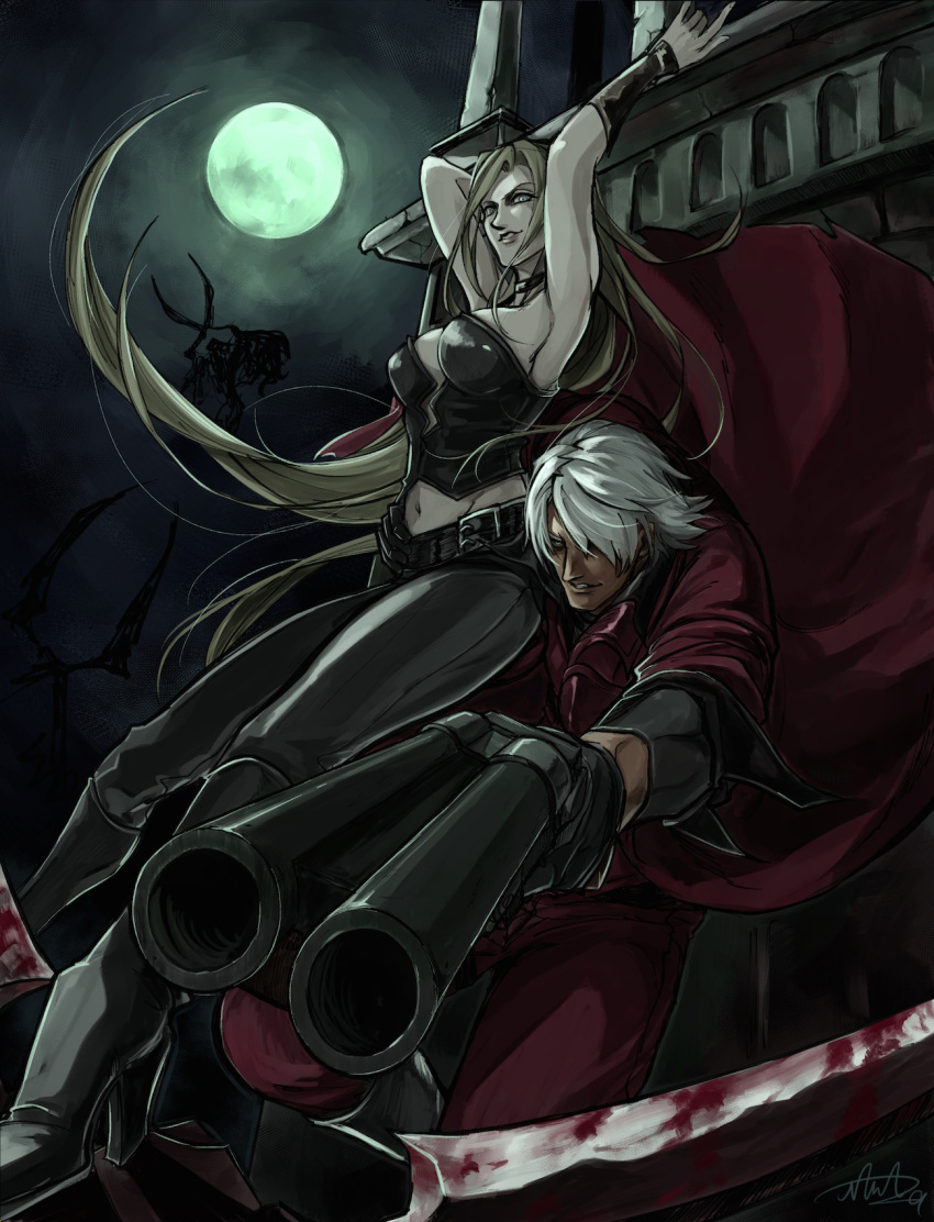 1boy, 1girl, armpits, arms_up, belt, belt_buckle, black_collar, black_gloves, black_legwear, blonde_hair, blood, bloody_weapon, blue_eyes, boots, buckle, carrying_over_shoulder, collar, crack, cracked_wall, dante_(devil_may_cry), devil_may_cry, floating, gloves, gun, hand_on_hip, high_heels, highres, holding, holding_another, holding_gun, holding_weapon, long_hair, monster, moon, moonlight, nama29_m, navel, parted_lips, scissors, short_hair, shotgun, signature, silhouette, skin_tight, trish_(devil_may_cry), weapon, white_hair
